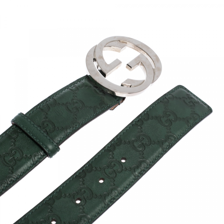 Pre Owned Gucci Green Guccissima Leather Interlocking G Buckle Belt 95CM