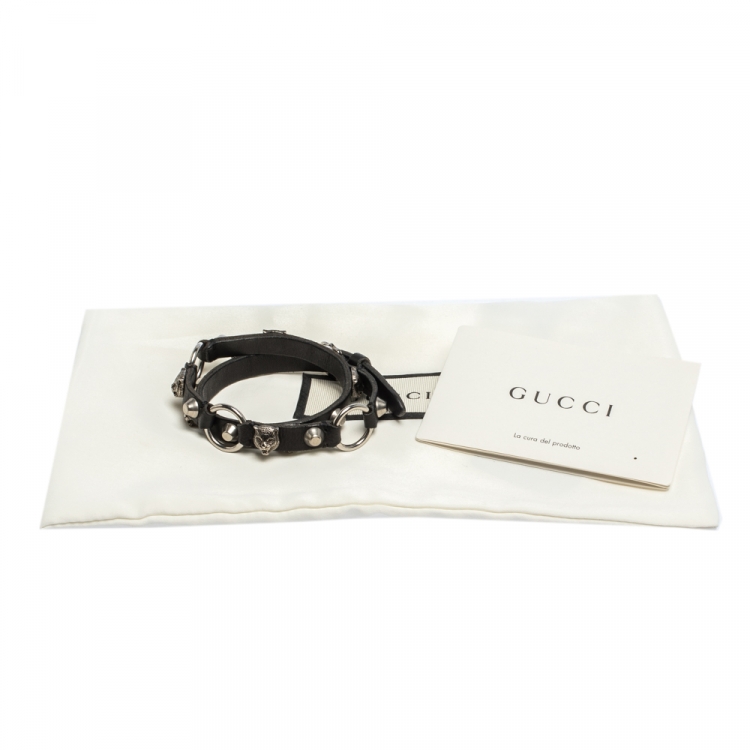 Pre Owned Gucci Aged Silver Tone Feline Head Studded Leather Choker