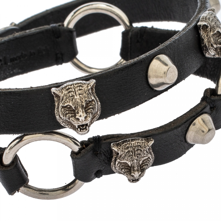 Pre Owned Gucci Aged Silver Tone Feline Head Studded Leather Choker