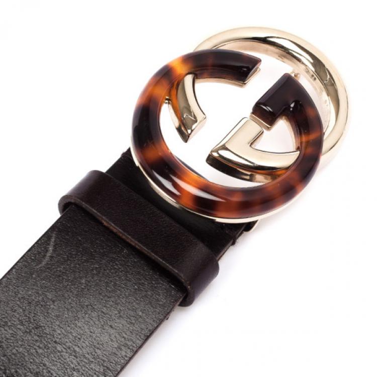 Pre Owned Gucci Black Leather Interlocking G Buckle Belt