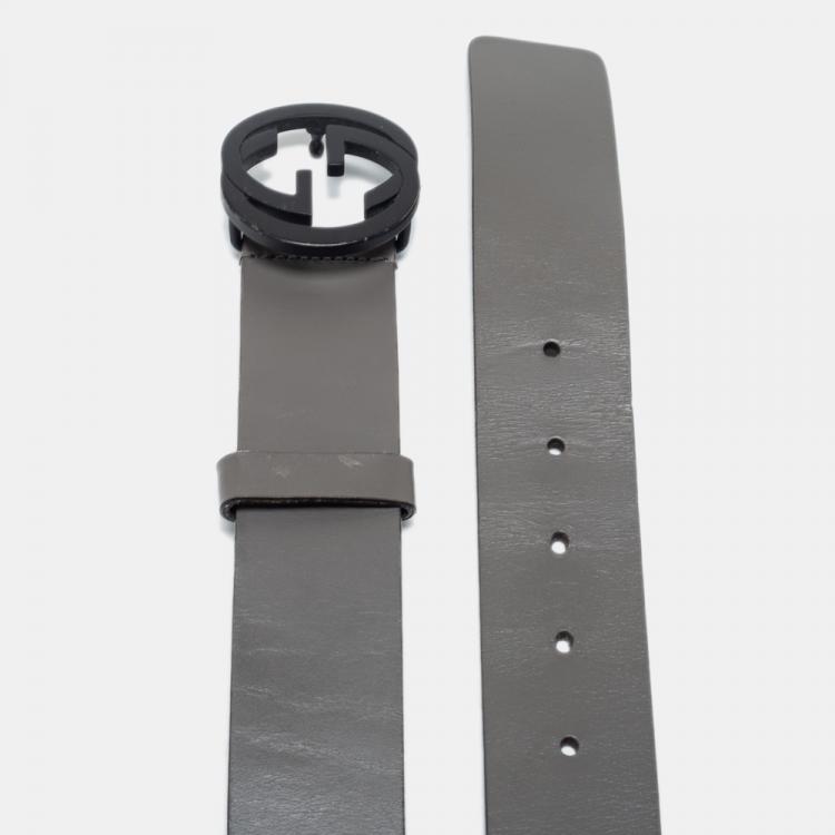 Pre Owned Gucci Grey Leather Interlocking G Buckle Belt 95CM