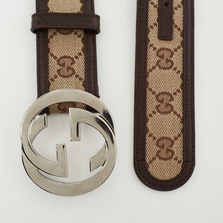Pre Owned Gucci Beige/Brown GG Canvas and Leather Interlocking G Buckle Belt 95 CM