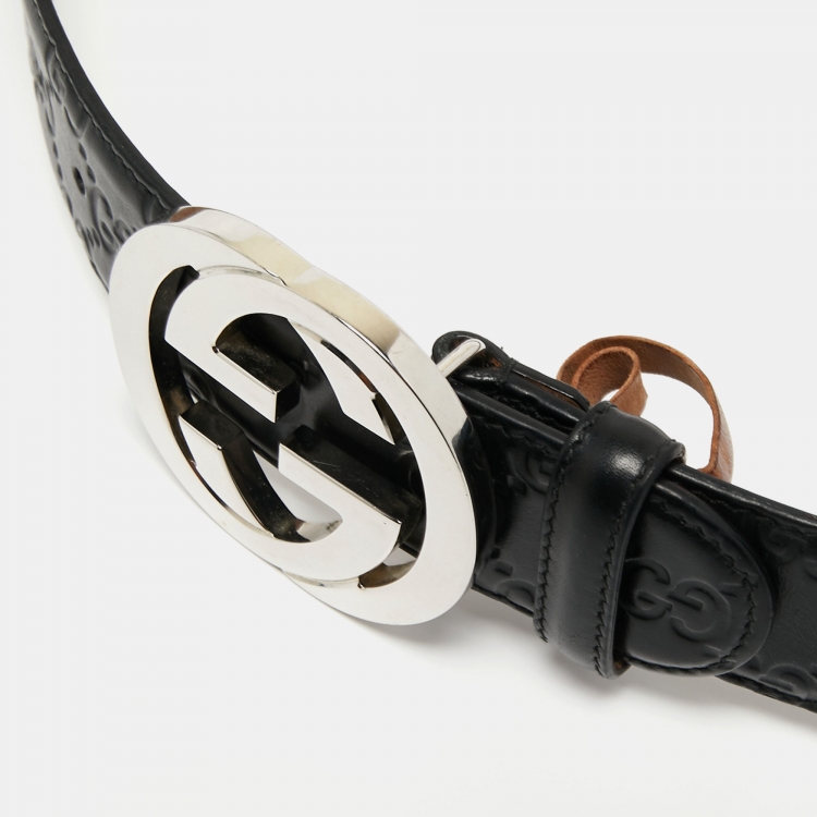 Pre Owned Gucci Black Guccissima Leather Interlocking G Buckle Belt 90 CM
