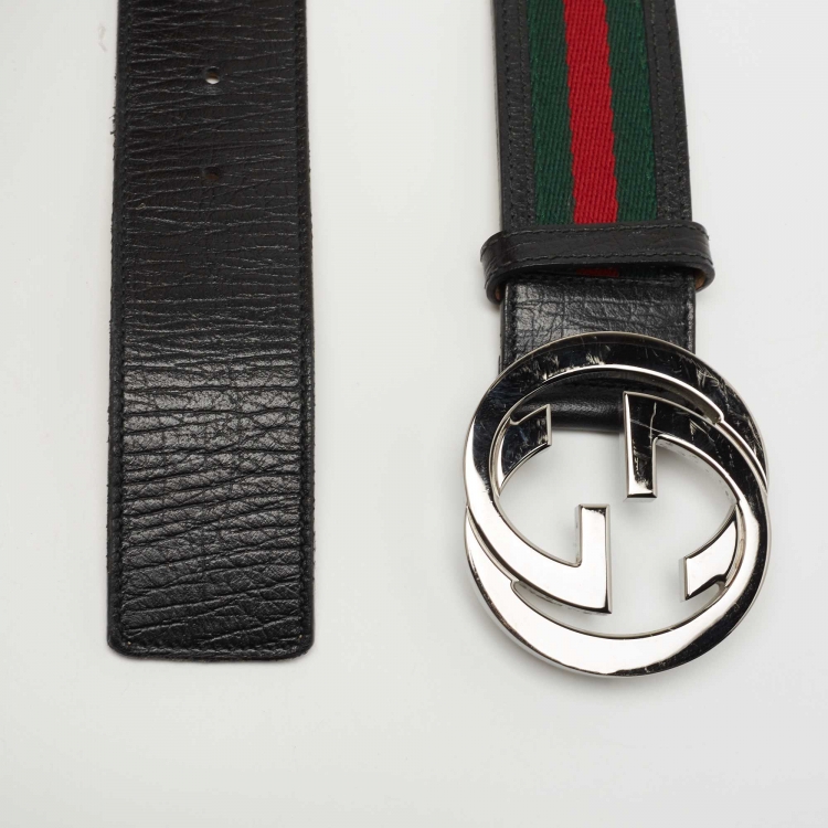 Gucci Green/Red Web Fabric and Leather Interlocking G Buckle Belt 90CM Gucci