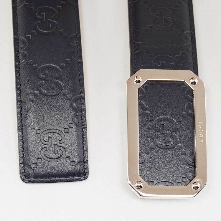 Pre Owned Gucci Navy Blue Guccissima Leather Square Buckle Belt 95CM