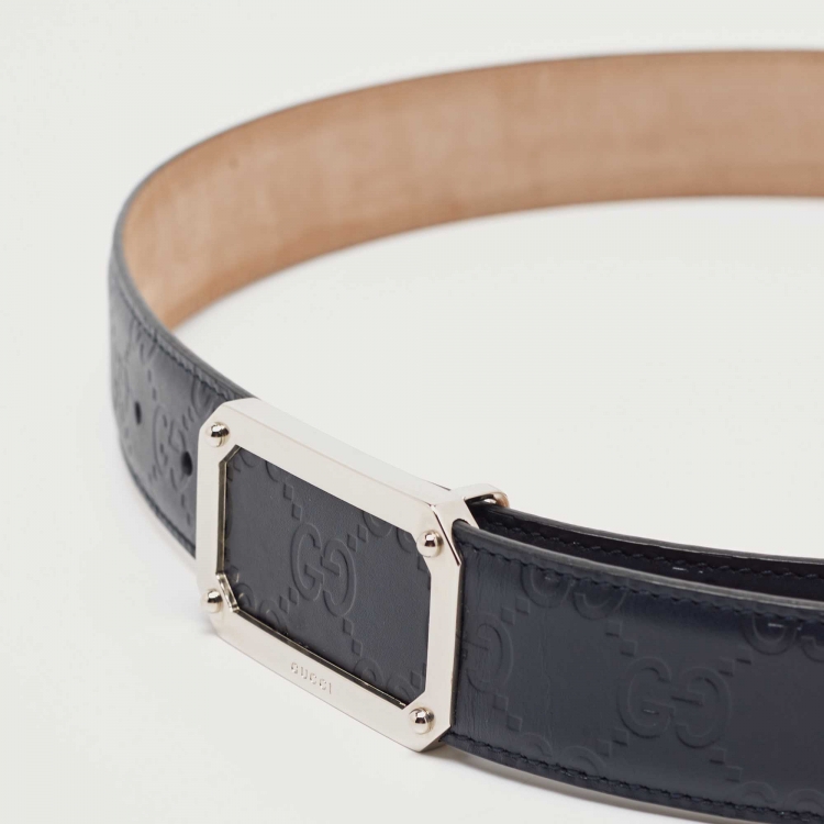 Pre Owned Gucci Navy Blue Guccissima Leather Square Buckle Belt 95CM