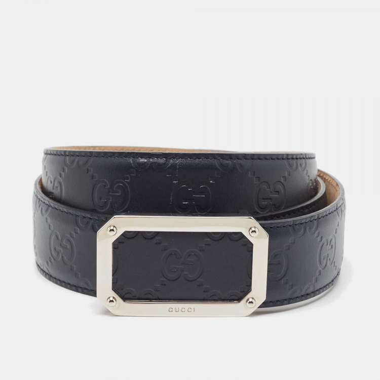 Pre Owned Gucci Navy Blue Guccissima Leather Square Buckle Belt 95CM