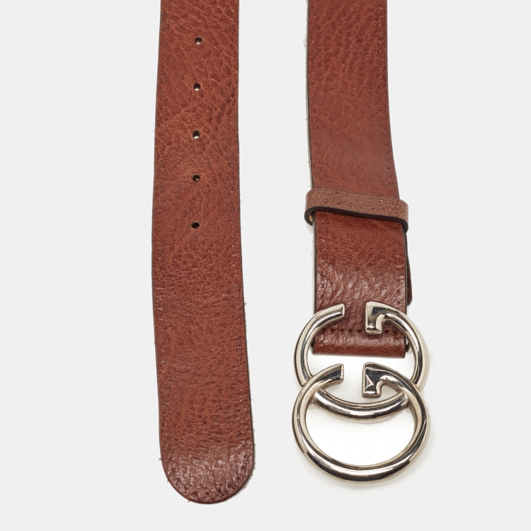 Pre Owned Gucci Dark Brown Leather Interlocking G Buckle Belt 90CM