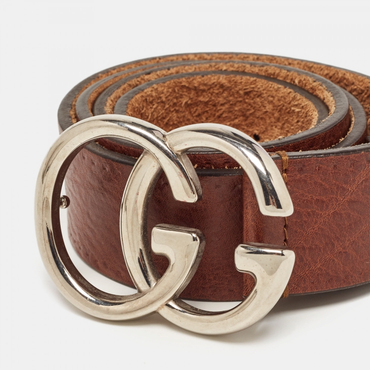 Pre Owned Gucci Dark Brown Leather Interlocking G Buckle Belt 90CM