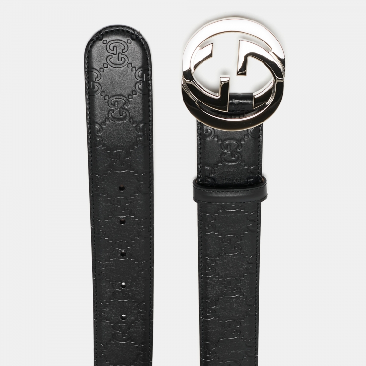 مملوكة مسبقًا Gucci Black Guccissima Leather Interlocking G Belt 90CM