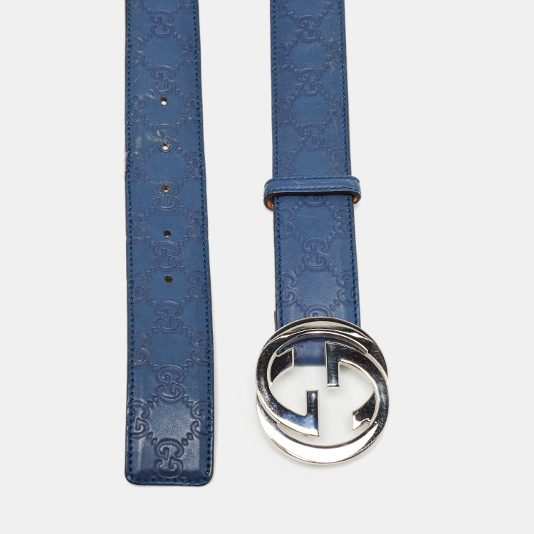 مملوكة مسبقًا Gucci Blue Guccissima Leather Interlocking G Buckle Belt 100CM