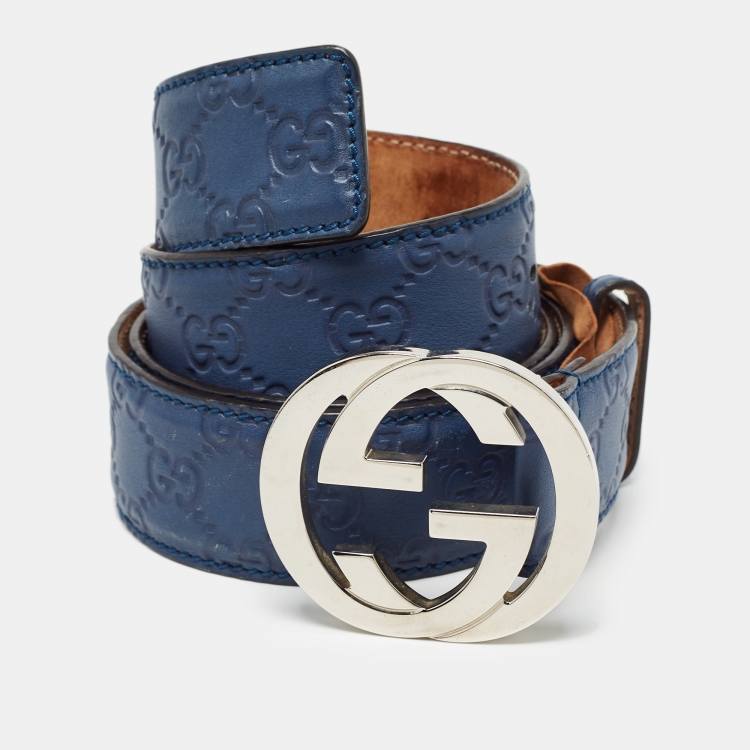 مملوكة مسبقًا Gucci Blue Guccissima Leather Interlocking G Buckle Belt 100CM