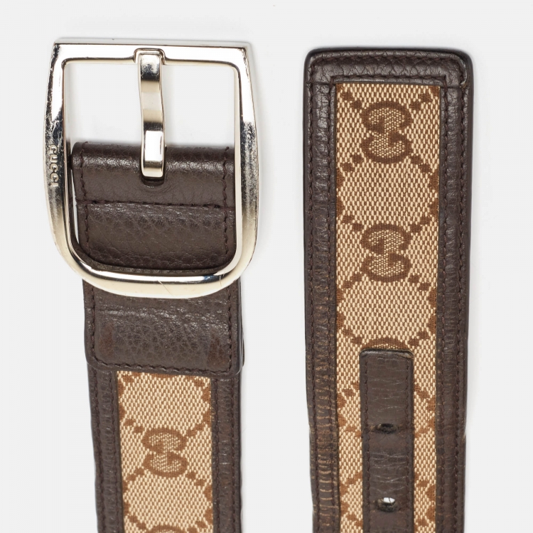 Pre Owned Gucci Dark Brown/Beige GG Canvas and Leather D Buckle Belt 95CM
