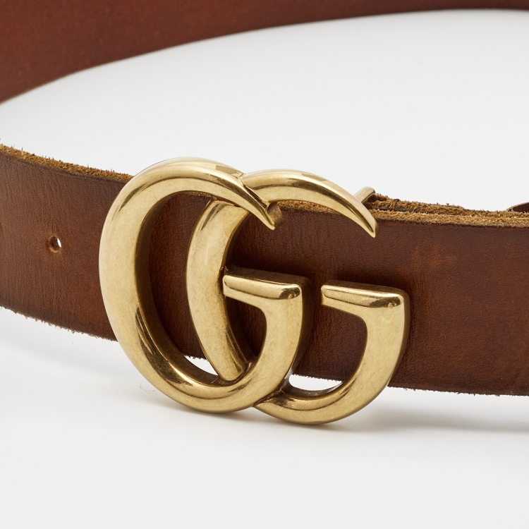 Pre Owned Gucci Brown Leather GG Marmont Buckle Belt 95CM