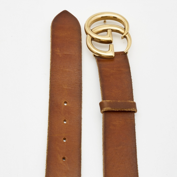 Pre Owned Gucci Brown Leather GG Marmont Buckle Belt 95CM