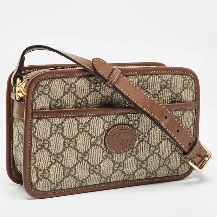 Pre Owned Gucci Brown/Beige GG Supreme Canvas and Leather Mini Interlocking G Crossbody Bag