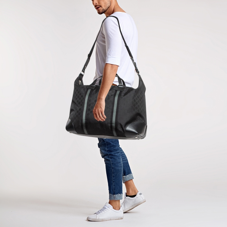 Pre Owned Gucci Black GG Nylon and Leather XL Web Duffle Bag