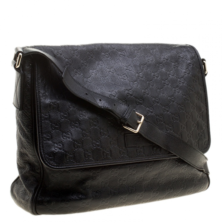 Pre Owned Gucci Black Guccissima Leather Messenger Bag