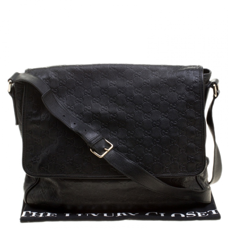 Pre Owned Gucci Black Guccissima Leather Messenger Bag