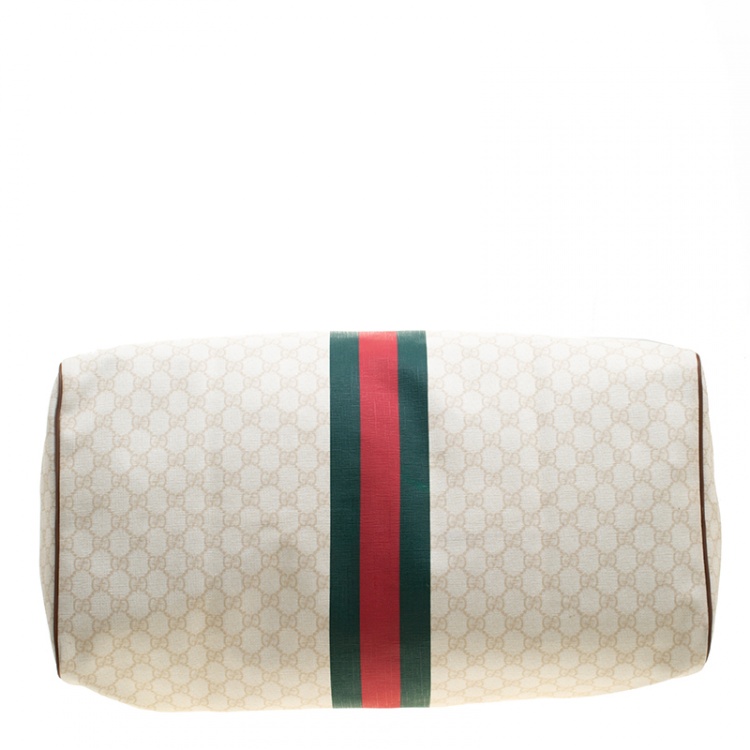 Pre Owned Gucci Light Beige GG Supreme Canvas Web Duffle Bag