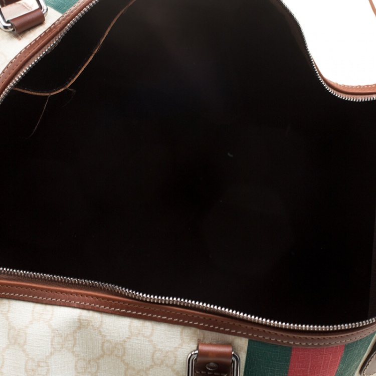 Pre Owned Gucci Light Beige GG Supreme Canvas Web Duffle Bag