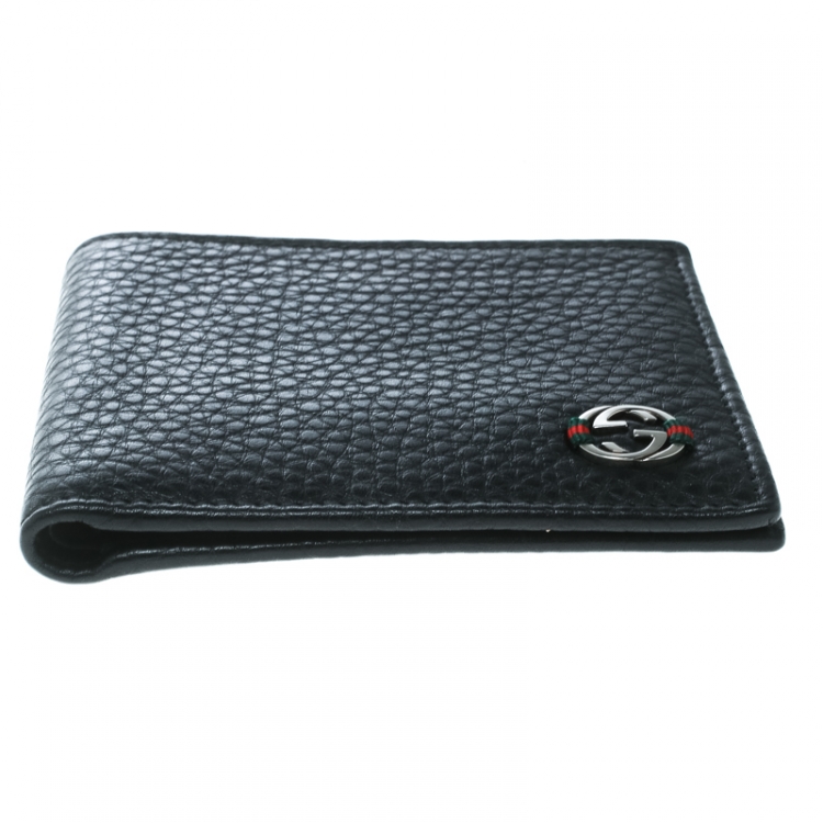 Pre Owned Gucci Black Leather Ace Web Interlocking GG Bifold Wallet