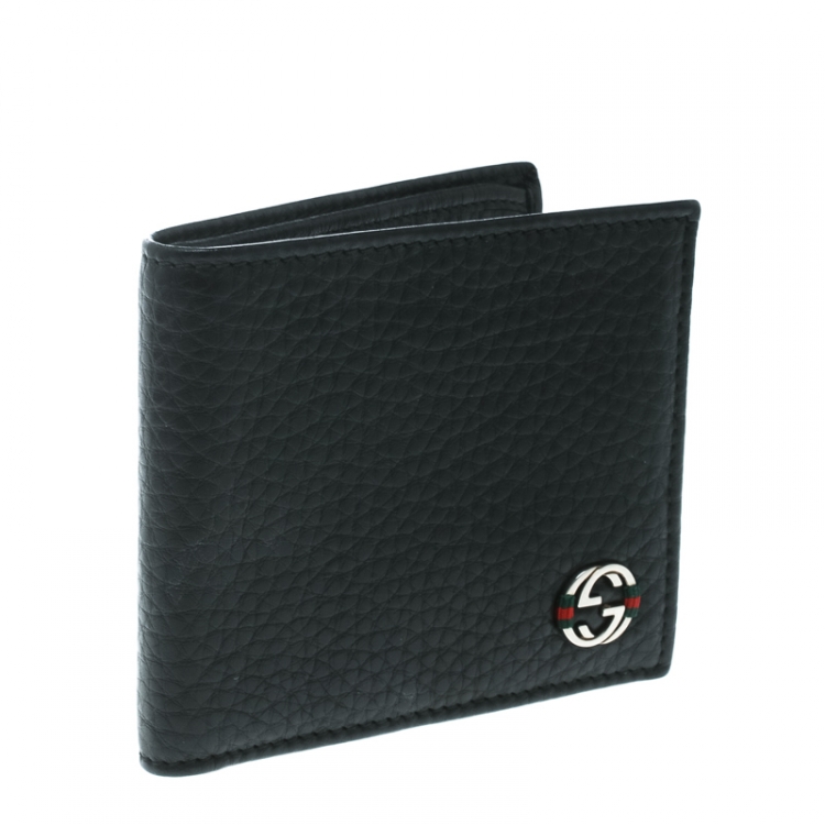 Pre Owned Gucci Black Leather Ace Web Interlocking GG Bifold Wallet