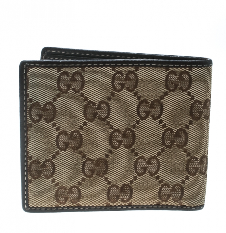 Pre Owned Gucci Beige/Brown GG Canvas and Leather Bifold Wallet