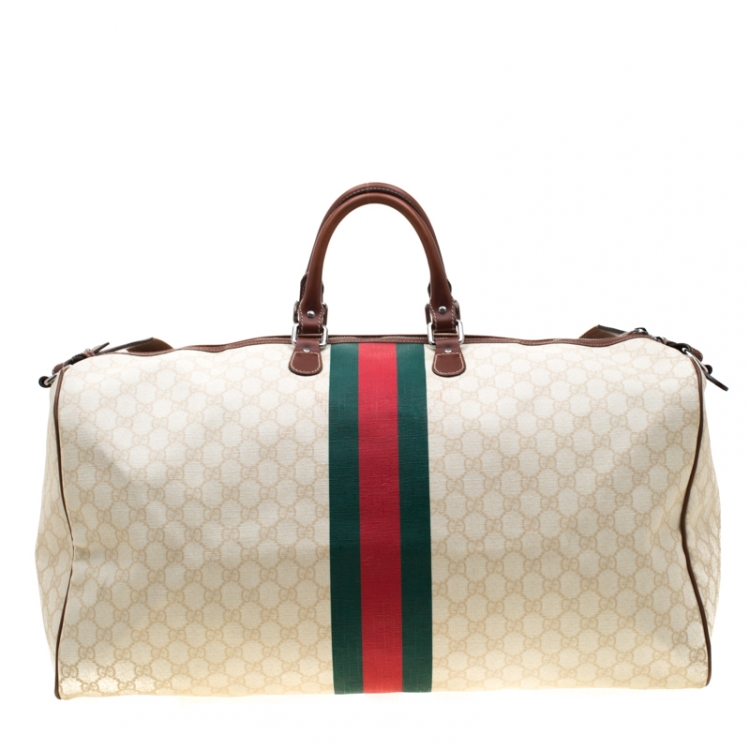 Pre Owned Gucci Light Beige GG Supreme Canvas Web Duffle Bag