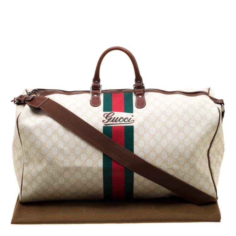 Pre Owned Gucci Light Beige GG Supreme Canvas Web Duffle Bag