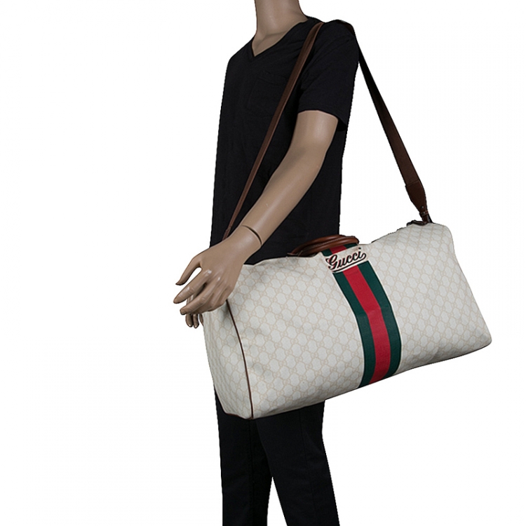 Pre Owned Gucci Light Beige GG Supreme Canvas Web Duffle Bag