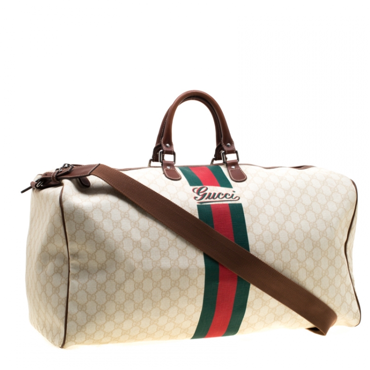 Pre Owned Gucci Light Beige GG Supreme Canvas Web Duffle Bag