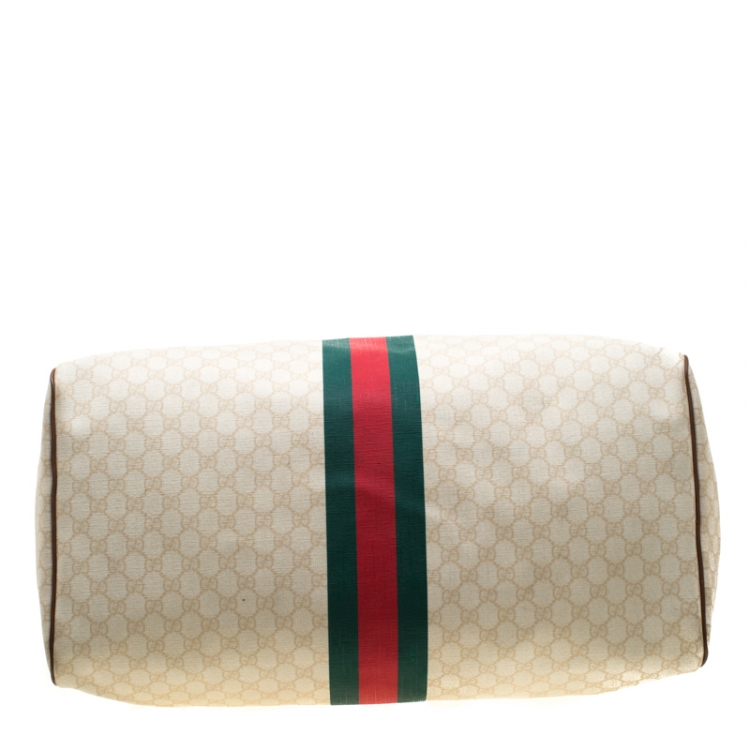 Pre Owned Gucci Light Beige GG Supreme Canvas Web Duffle Bag