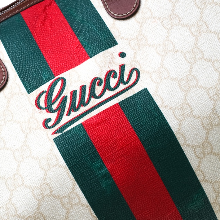 Pre Owned Gucci Light Beige GG Supreme Coated Canvas Web Duffle Bag