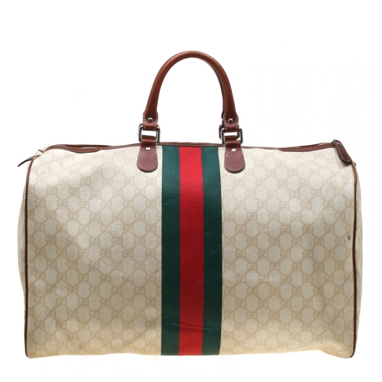 Pre Owned Gucci Light Beige GG Supreme Coated Canvas Web Duffle Bag