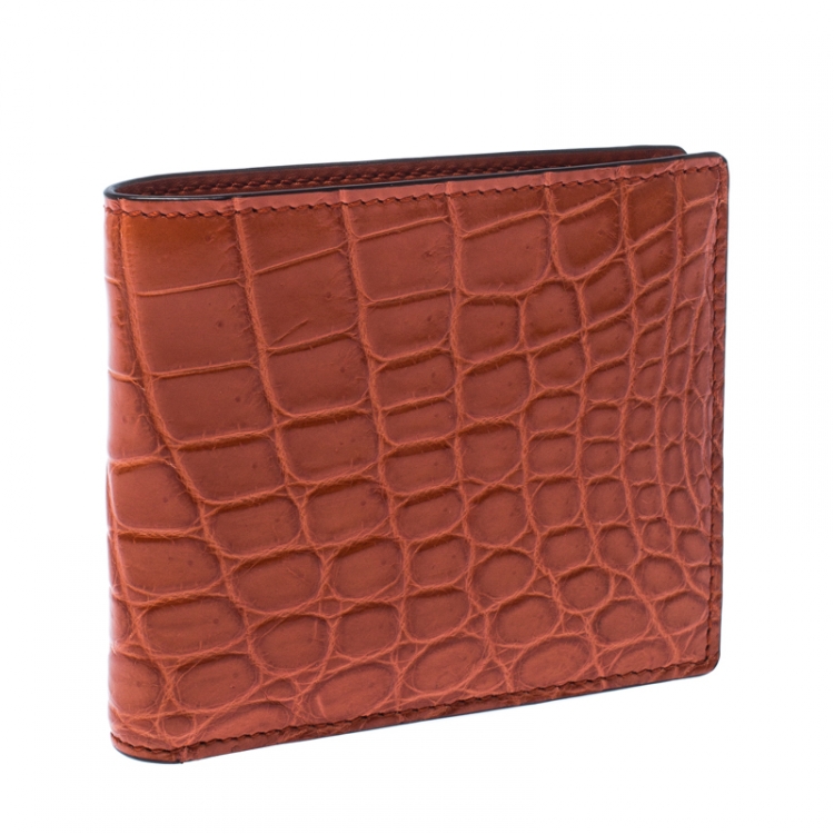 Pre Owned Gucci Orange Crocodile Bifold Wallet
