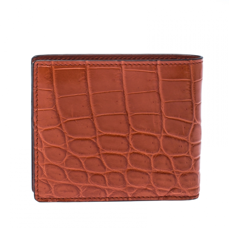 Pre Owned Gucci Orange Crocodile Bifold Wallet