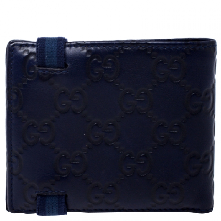 Pre Owned Gucci Blue Guccissima Leather Web Detail Bi Fold Wallet