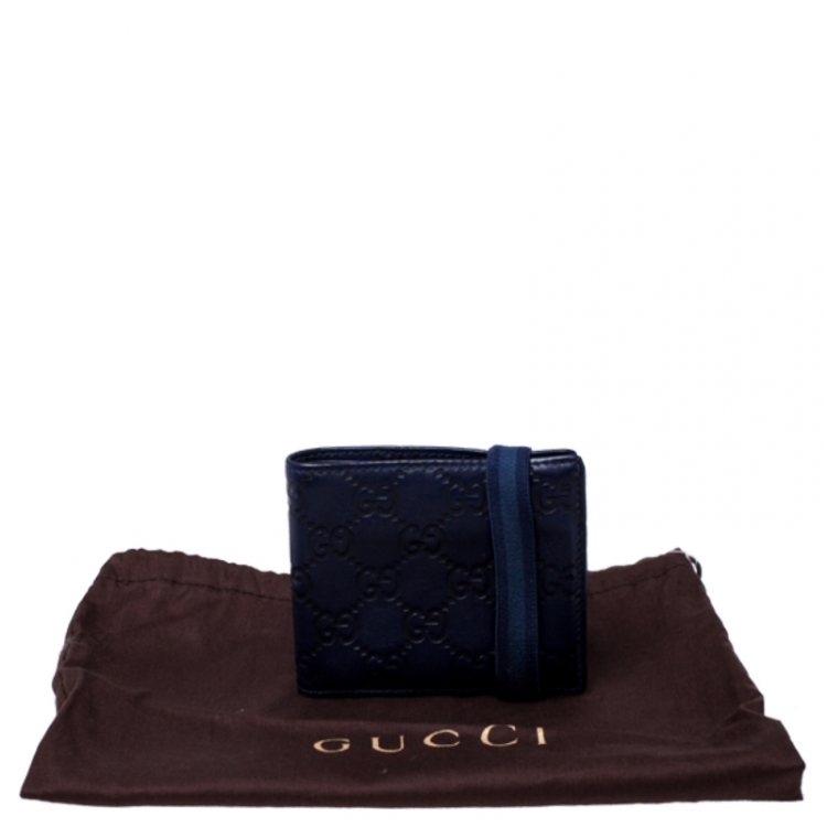 Pre Owned Gucci Blue Guccissima Leather Web Detail Bi Fold Wallet
