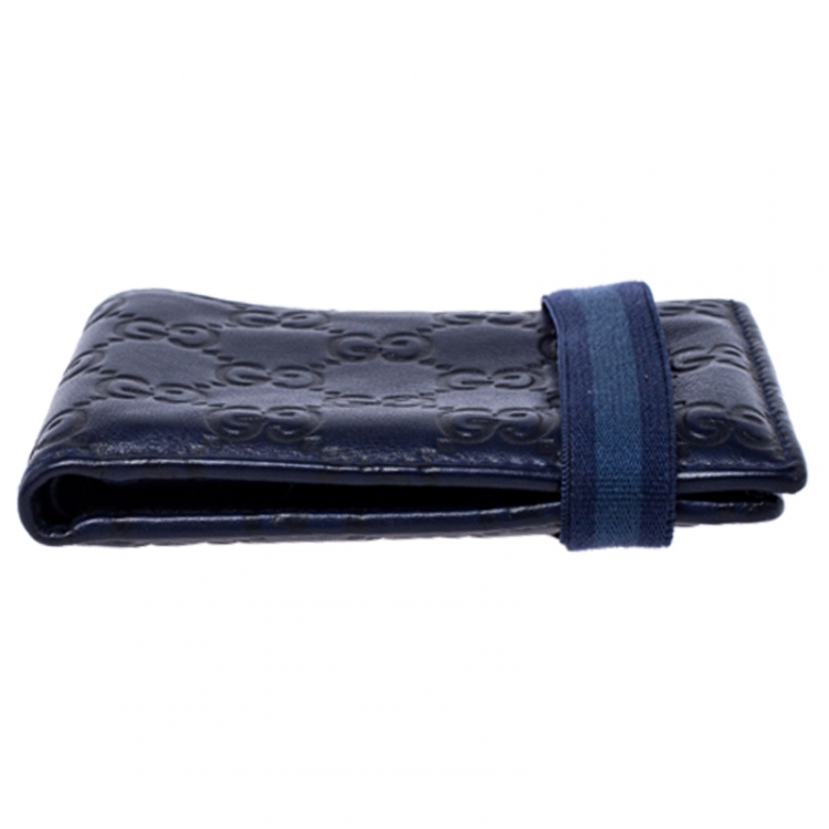Pre Owned Gucci Blue Guccissima Leather Web Detail Bi Fold Wallet