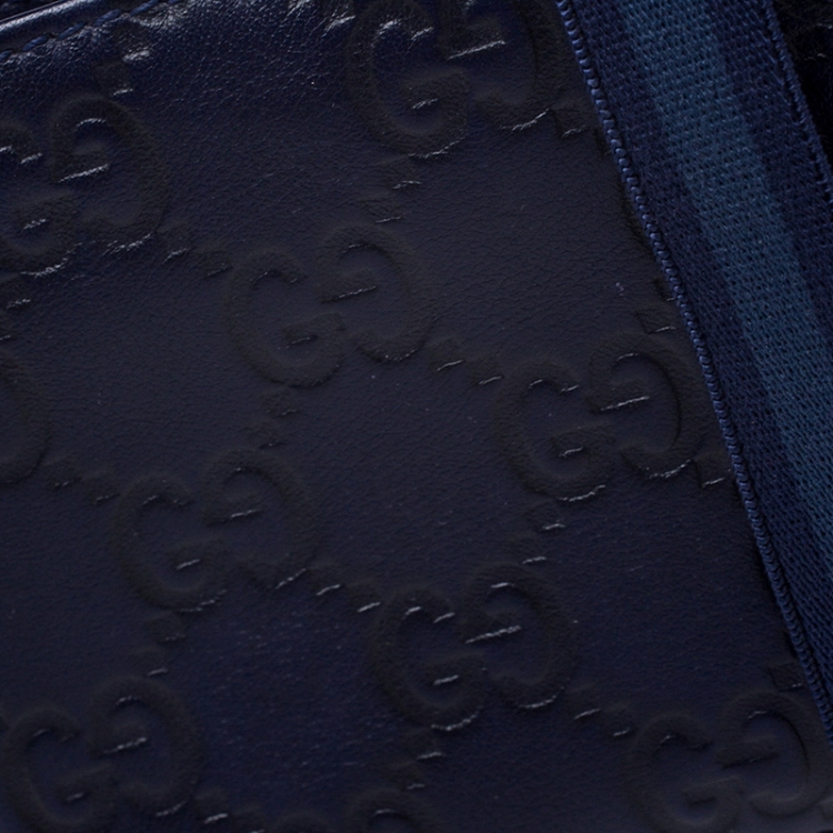 Pre Owned Gucci Blue Guccissima Leather Web Detail Bi Fold Wallet