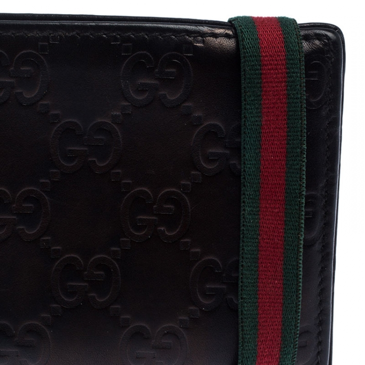 Pre Owned Gucci Black Guccissima Leather Web Bifold Wallet
