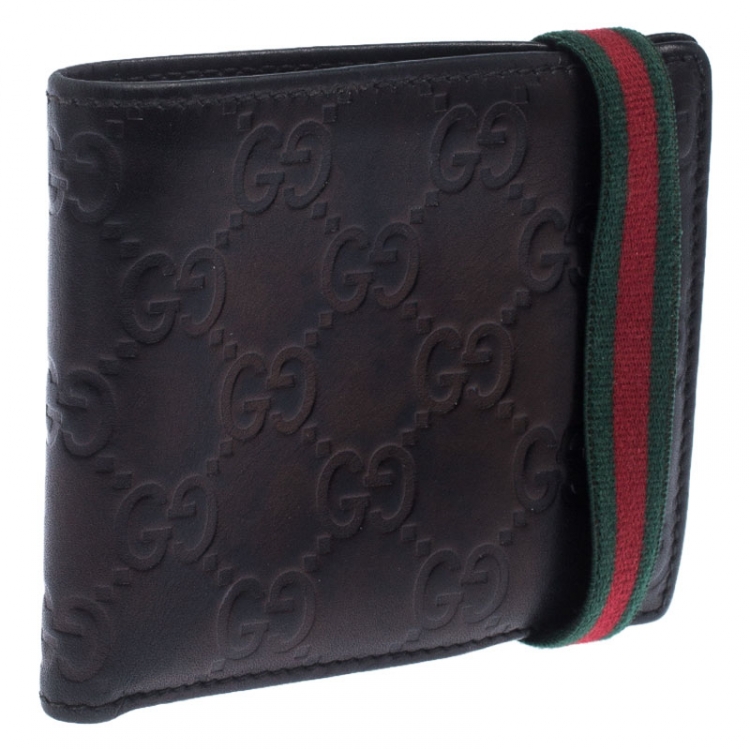 Pre Owned Gucci Black Guccissima Leather Web Bifold Wallet
