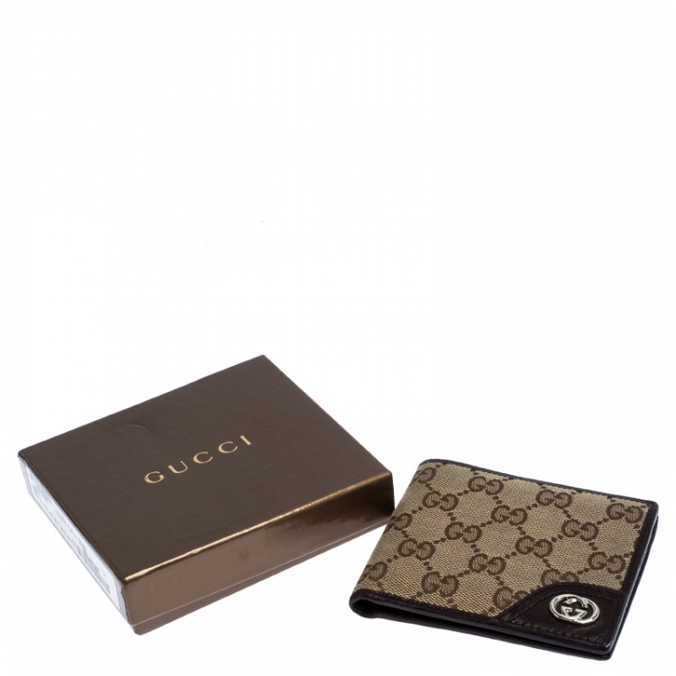 Pre Owned Gucci Dark Brown/Beige GG Canvas and Leather Bifold Wallet
