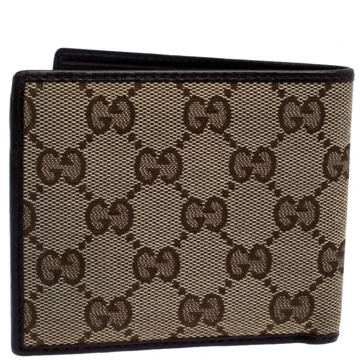 Pre Owned Gucci Dark Brown/Beige GG Canvas and Leather Bifold Wallet