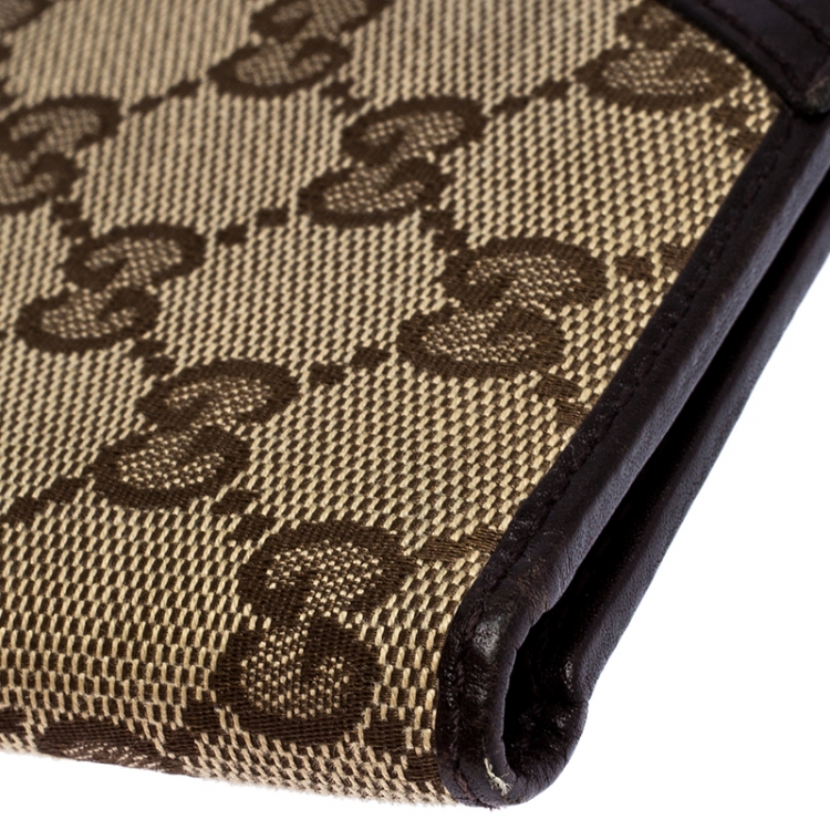 Pre Owned Gucci Dark Brown/Beige GG Canvas and Leather Bifold Wallet
