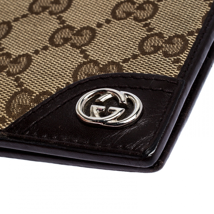 Pre Owned Gucci Dark Brown/Beige GG Canvas and Leather Bifold Wallet