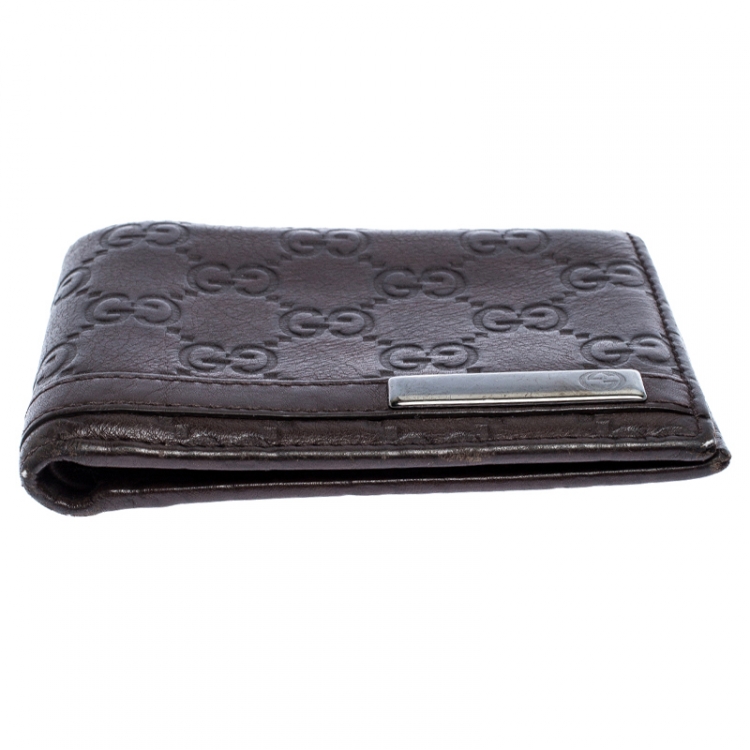 Pre Owned Gucci Dark Brown Guccissima Leather Metal Bar Bifold Wallet