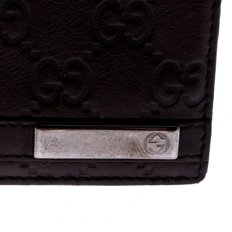 Pre Owned Gucci Dark Brown Guccissima Leather Metal Bar Bifold Wallet