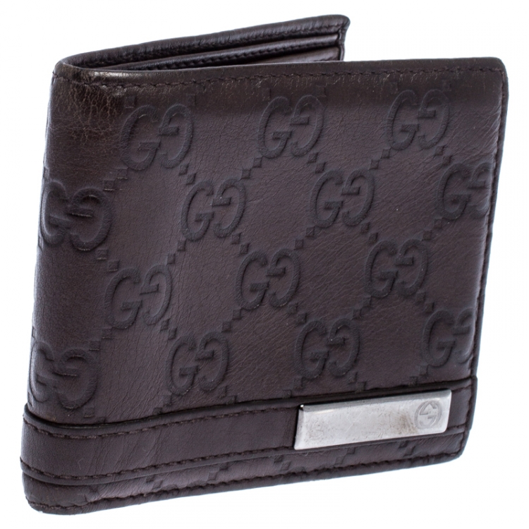 Pre Owned Gucci Dark Brown Guccissima Leather Metal Bar Bifold Wallet
